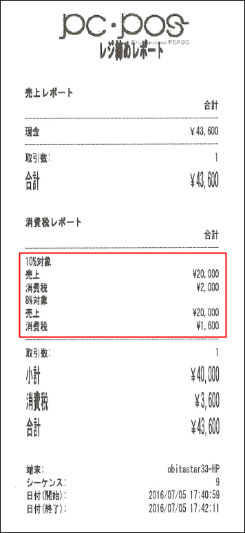 PCPOS軽減税率清算レポートサンプル